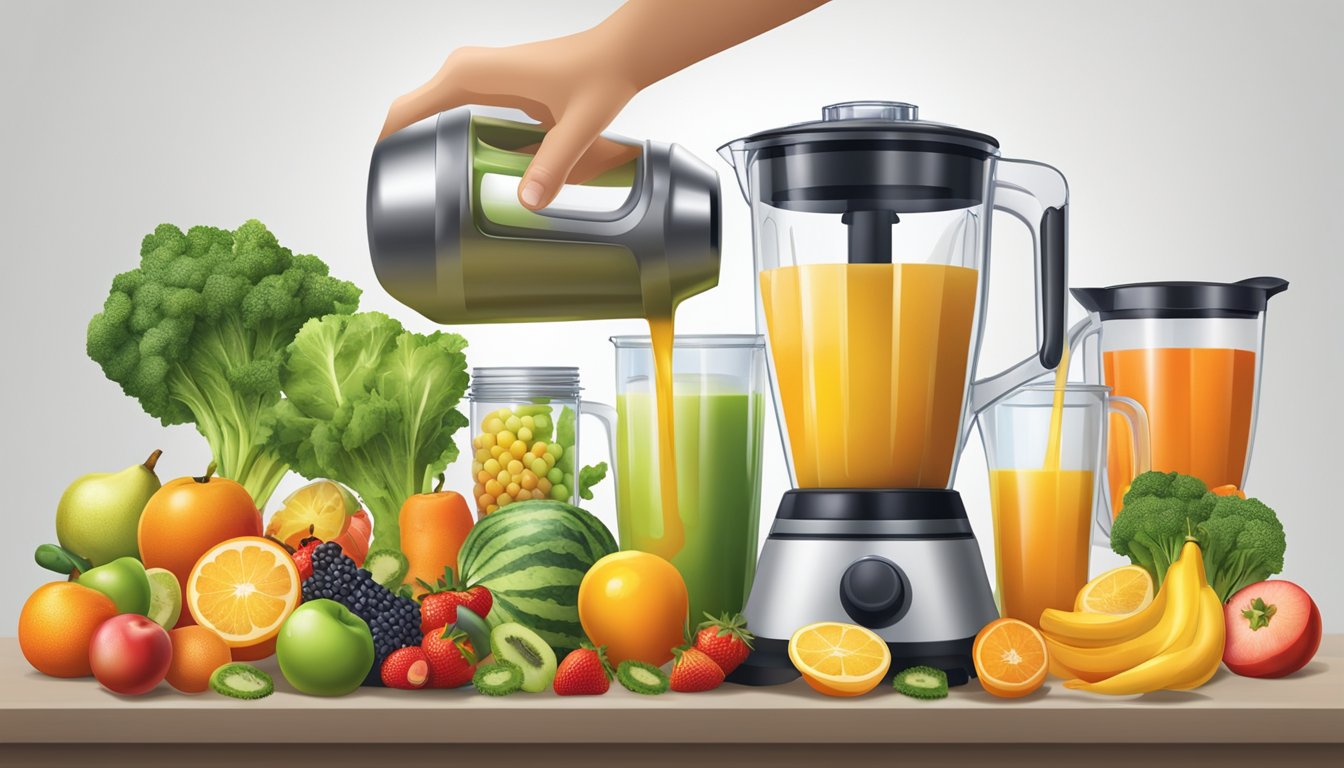 A hand pouring liquid into a blender filled with fruits and vegetables, surrounded by measuring cups and spoons