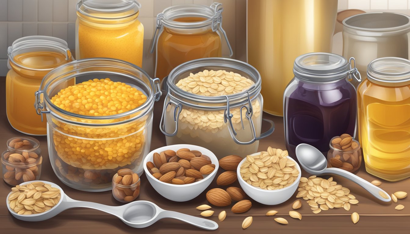 A kitchen counter with assorted measuring cups and spoons, a bowl of oats, a jar of honey, and a variety of nuts and dried fruits