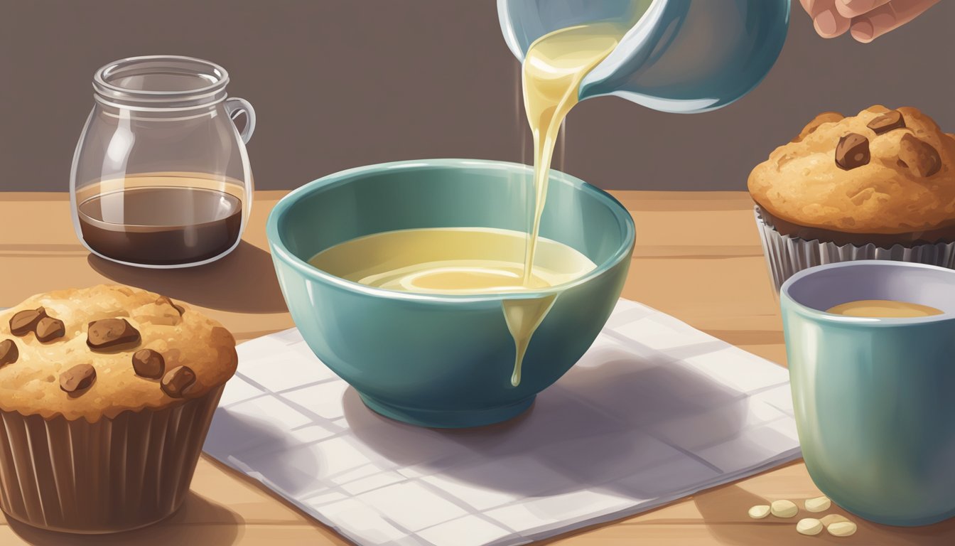 A small bowl of glaze being poured from a measuring cup into a larger bowl, with a muffin nearby for reference