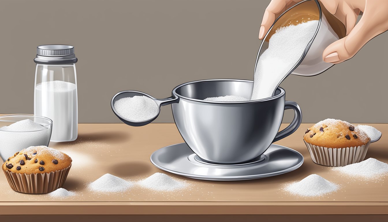 A measuring cup pouring liquid into a bowl of powdered sugar for a muffin glaze