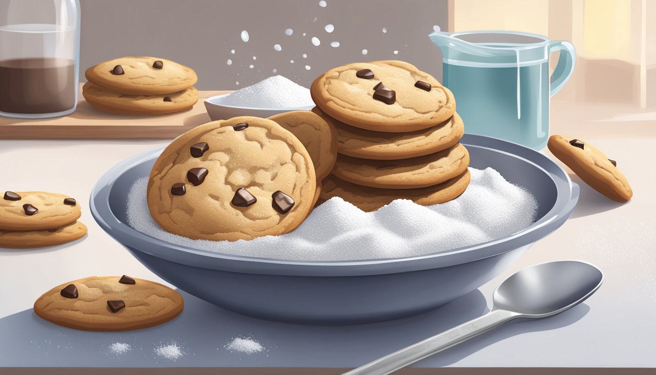 A measuring spoon pouring liquid into a mixing bowl with powdered sugar, next to a stack of freshly baked cookies