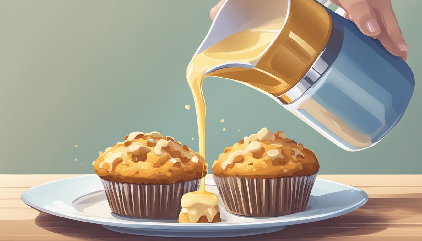 A small bowl of glaze being poured over a freshly baked muffin, with a measuring cup filled with liquid next to it