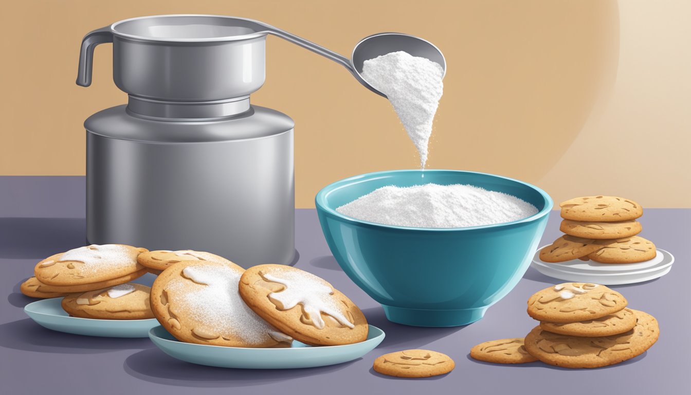 A small bowl with a measuring spoon pouring liquid into a mixing bowl with powdered sugar, next to a stack of freshly baked cookies