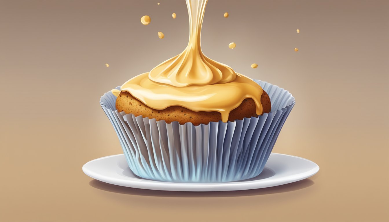 A muffin with a perfectly measured glaze being poured over it, with the liquid flowing smoothly over the top and down the sides of the muffin