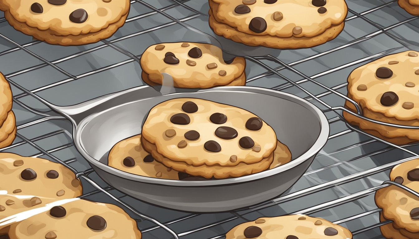 A small bowl of glaze being poured over a batch of freshly baked cookies on a wire cooling rack