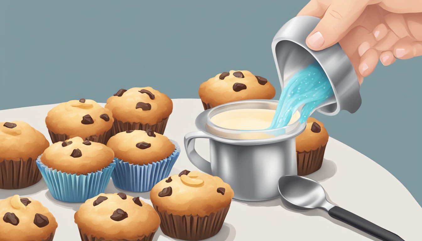 A small measuring cup pouring glaze onto a freshly baked muffin