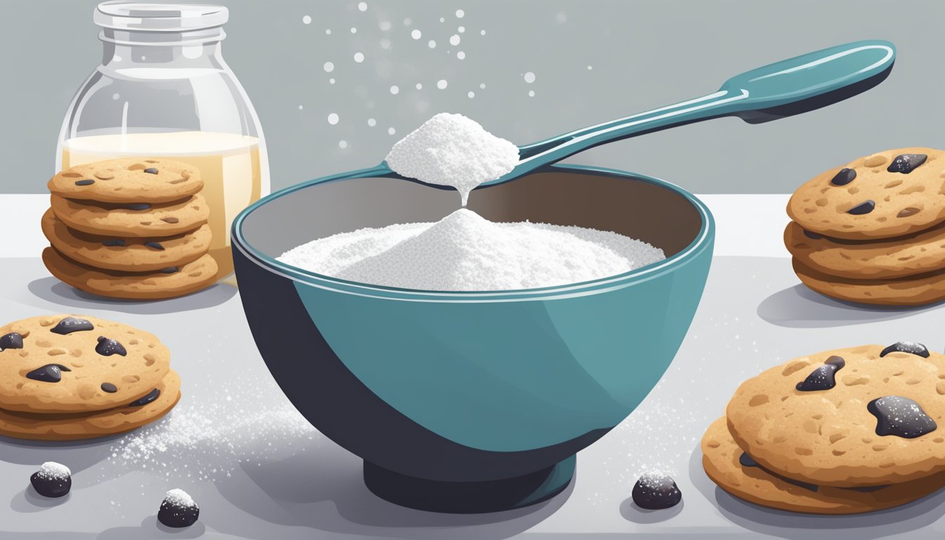 A measuring spoon pouring liquid into a small bowl of powdered sugar, with a whisk beside it and cookies in the background