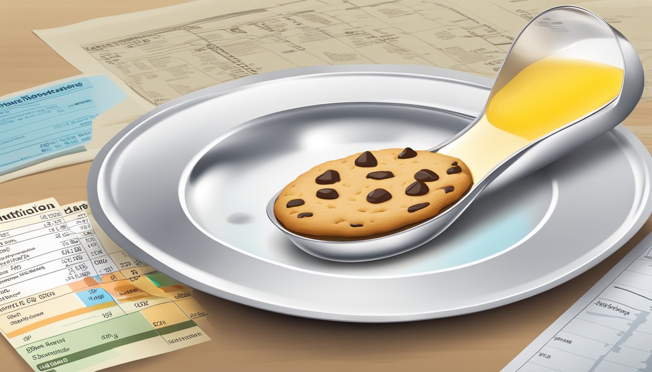 A measuring spoon pouring liquid onto a cookie, with a chart of nutritional information and dietary considerations in the background