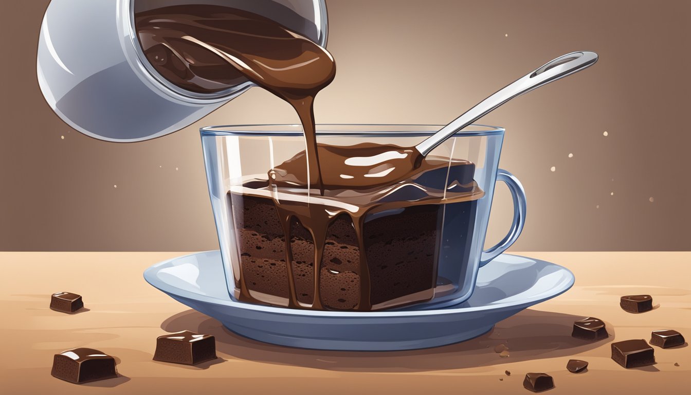 A measuring cup pouring liquid onto a freshly baked brownie, creating a glossy glaze