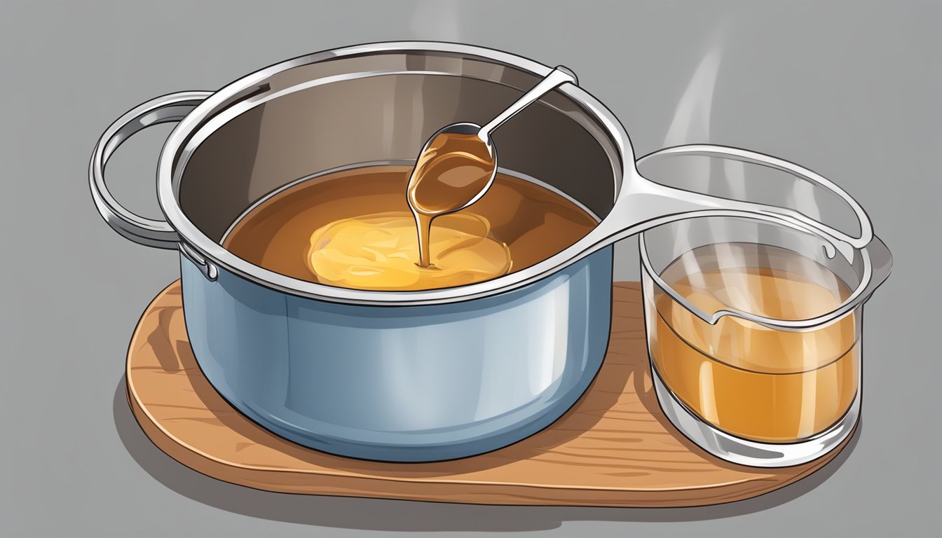 A measuring cup pouring liquid into a pot of simmering gravy