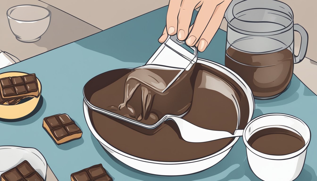 A hand pouring a precise amount of liquid into a measuring cup, with a bowl of brownie batter nearby