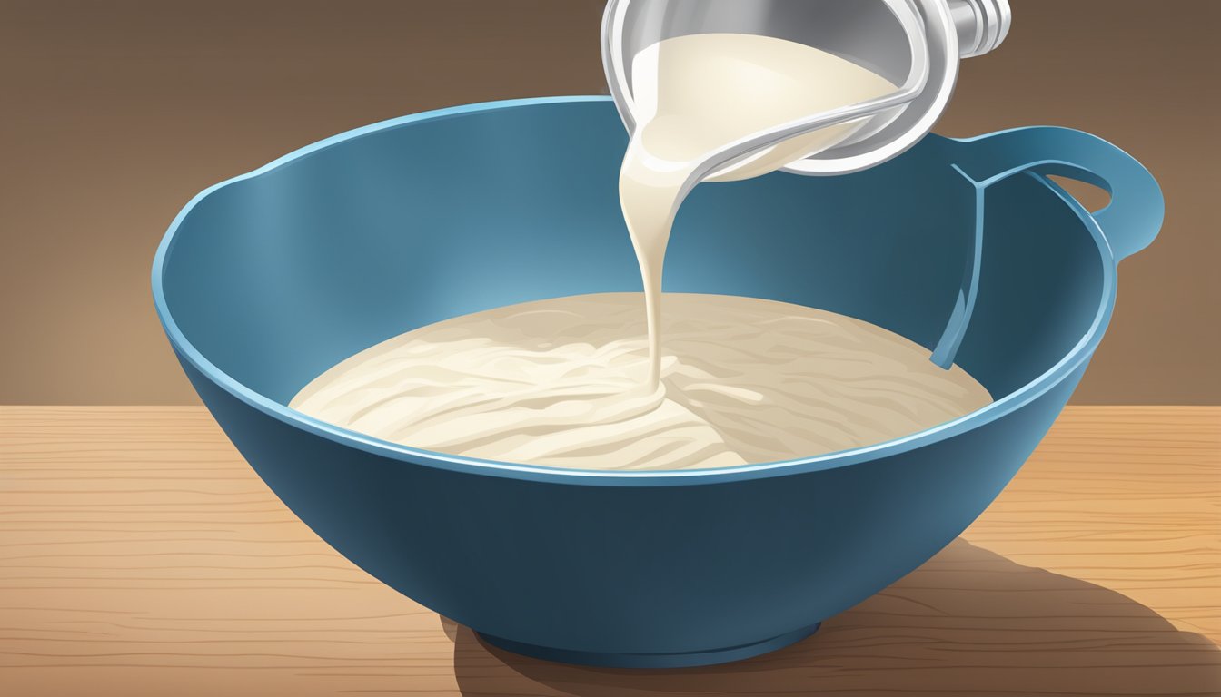 A measuring cup pouring liquid into a bowl of flour, with a whisk nearby for stirring