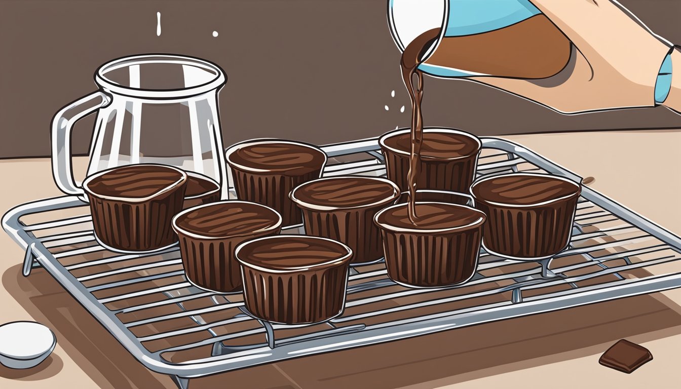 A measuring cup pouring chocolate glaze onto freshly baked brownies on a cooling rack