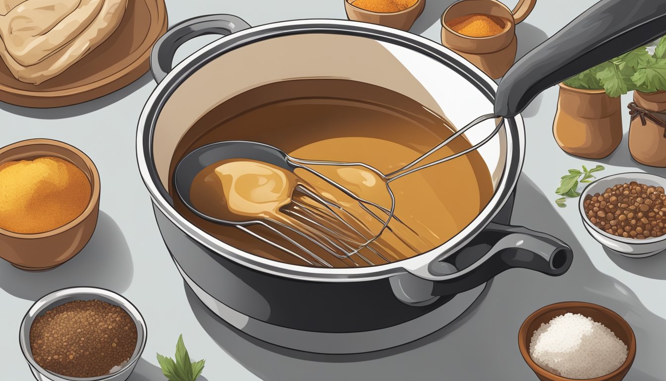 A hand pouring liquid from a measuring cup into a pot of simmering gravy, with a whisk and various spices nearby for final adjustments