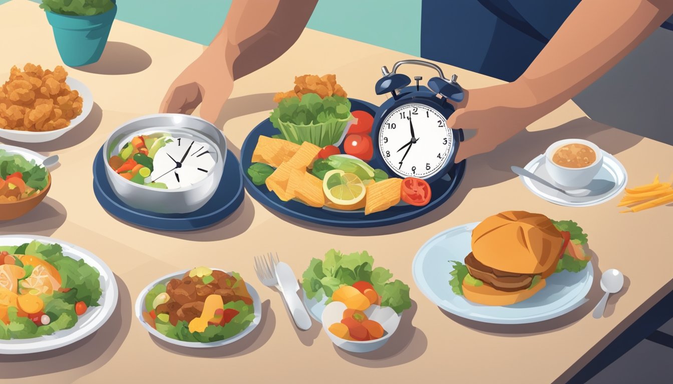 A clock showing 7 PM with a plate of food untouched on a table, while a person engages in physical activity