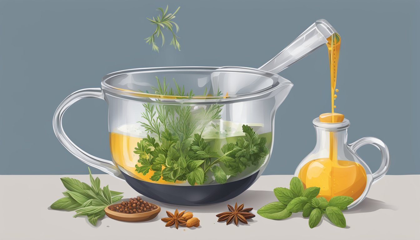 A measuring cup pouring liquid into a pot with a whisk and various herbs and spices nearby