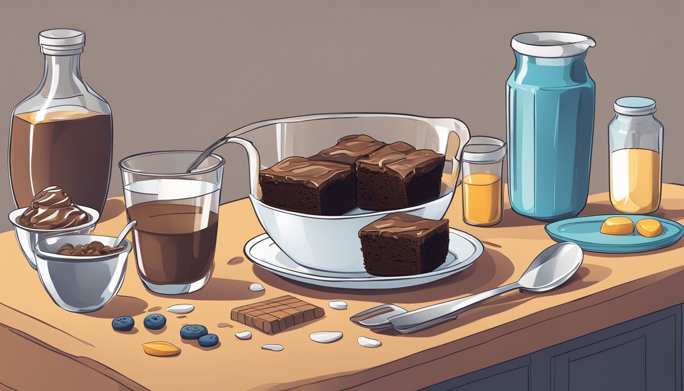 A measuring cup pouring a precise amount of liquid onto a freshly baked brownie, with additional ingredients and utensils neatly arranged nearby