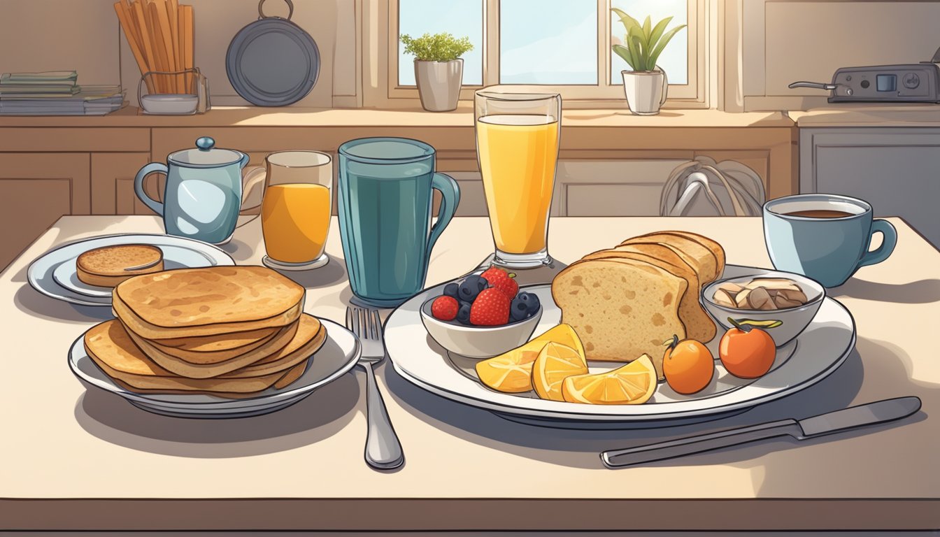 A sunlit kitchen table with a clock showing 7am and a plate of untouched breakfast food, surrounded by articles and books on intermittent fasting