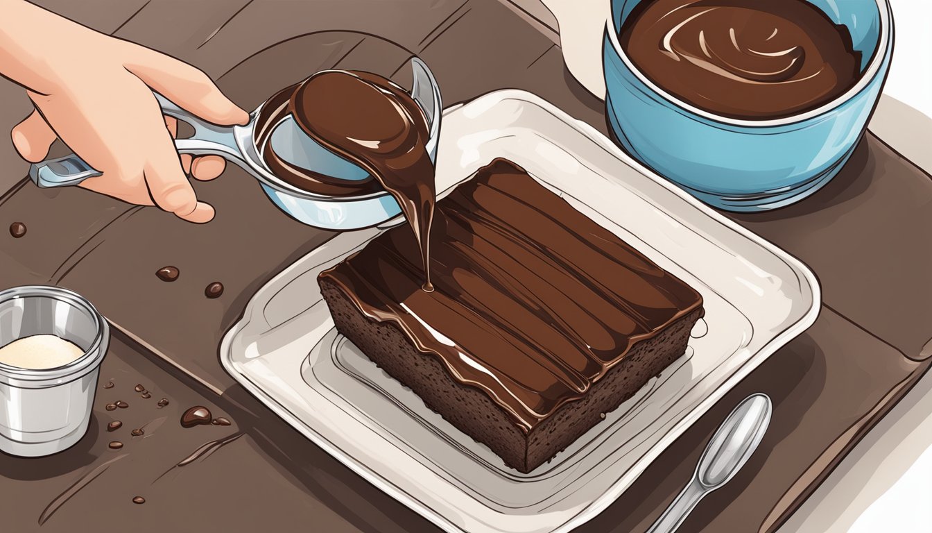 A measuring cup pouring chocolate glaze onto a freshly baked brownie