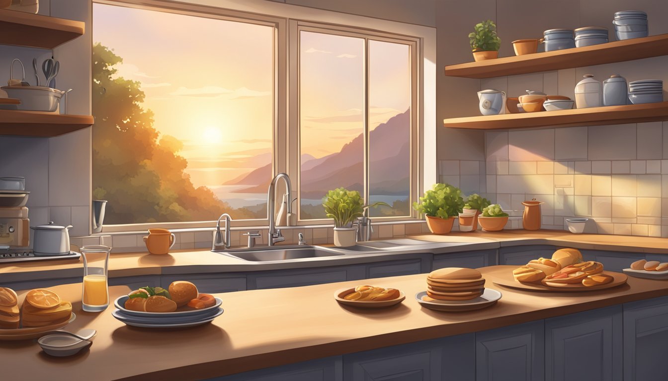 A serene kitchen with a clock showing 7 PM, untouched breakfast items, and a warm sunset glow through the window