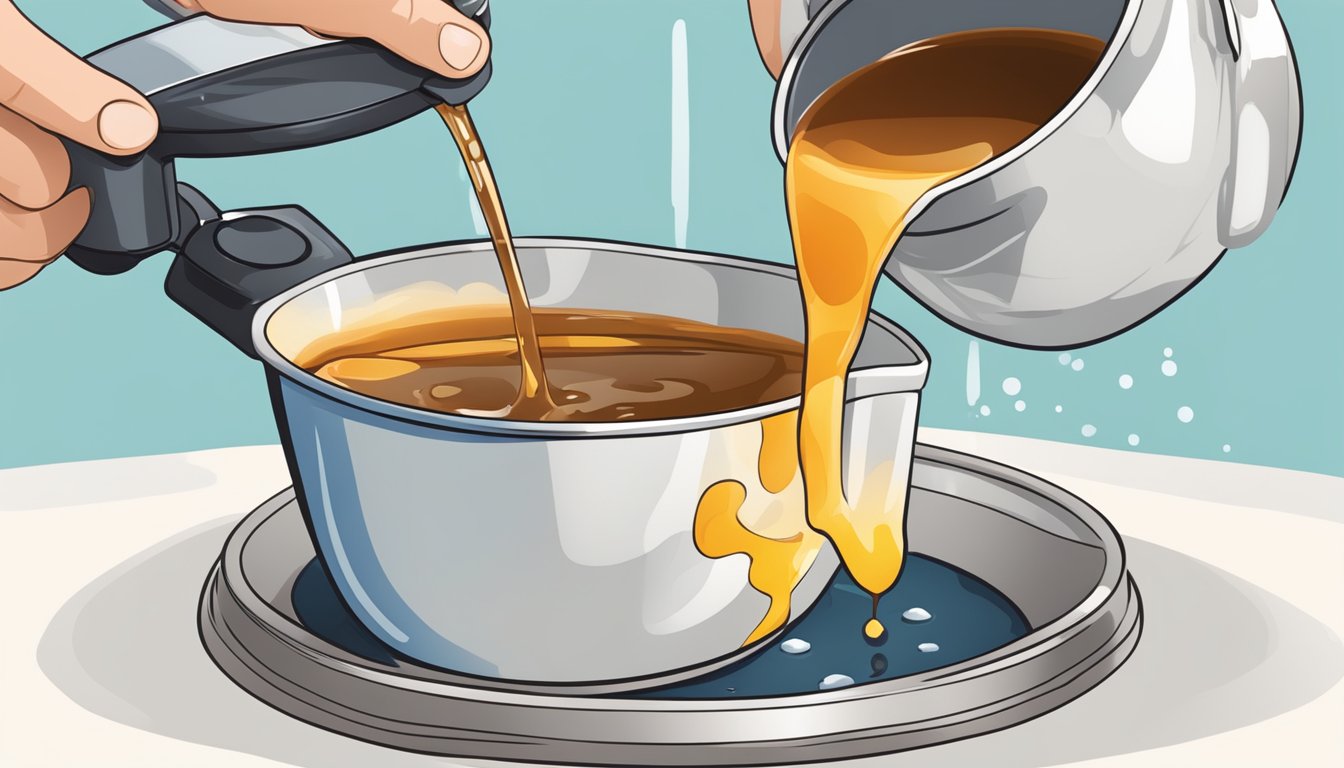 A measuring cup pouring liquid into a pot of simmering gravy