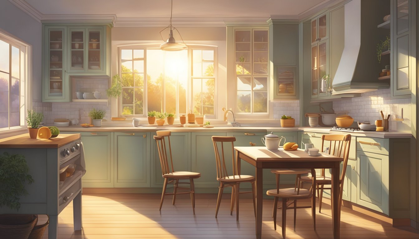 A serene kitchen scene at dawn, with a table set for breakfast but untouched, surrounded by soft morning light filtering through the window