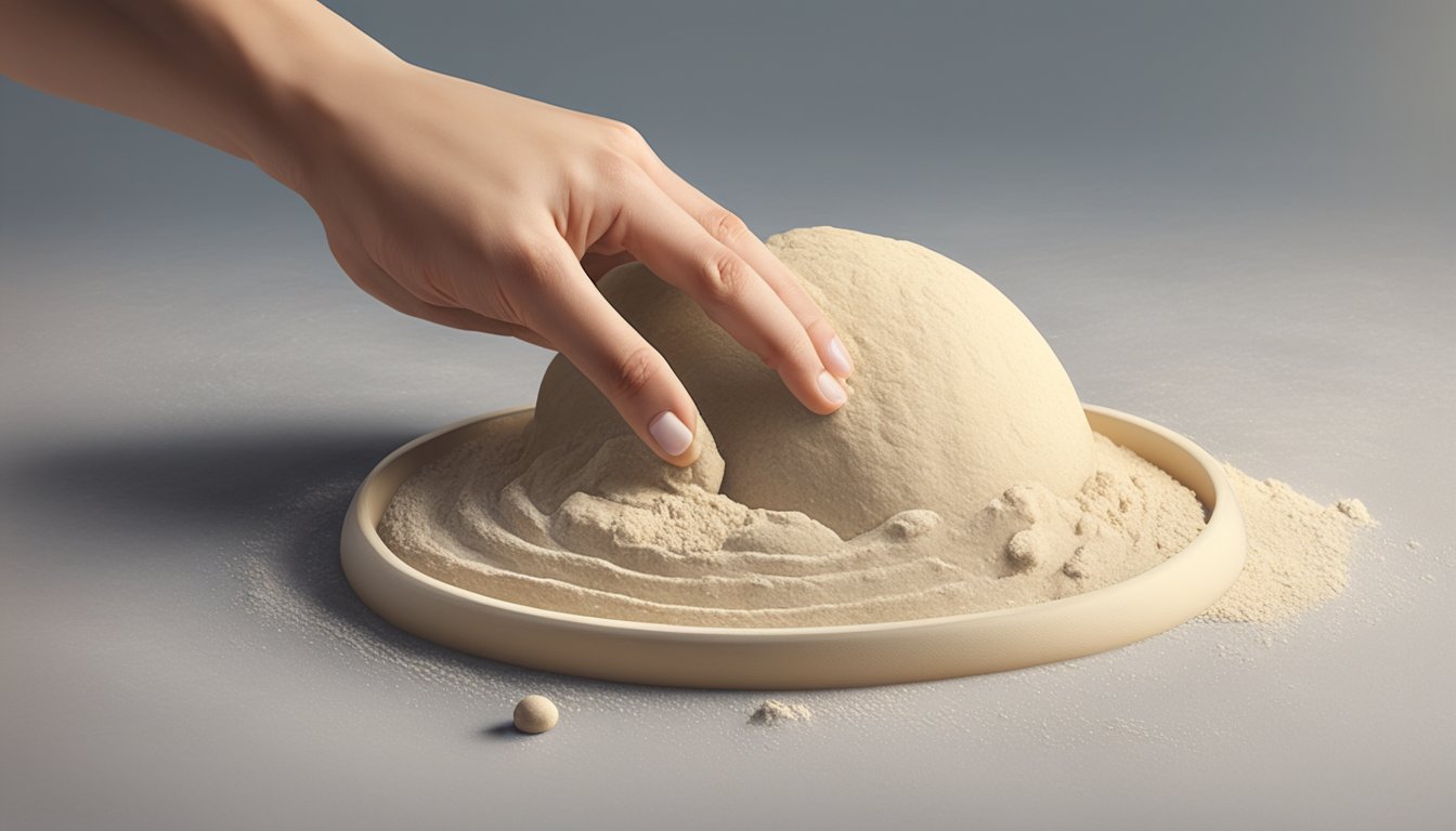 A hand reaching for a ball of dough on a floured surface with a measuring tape nearby