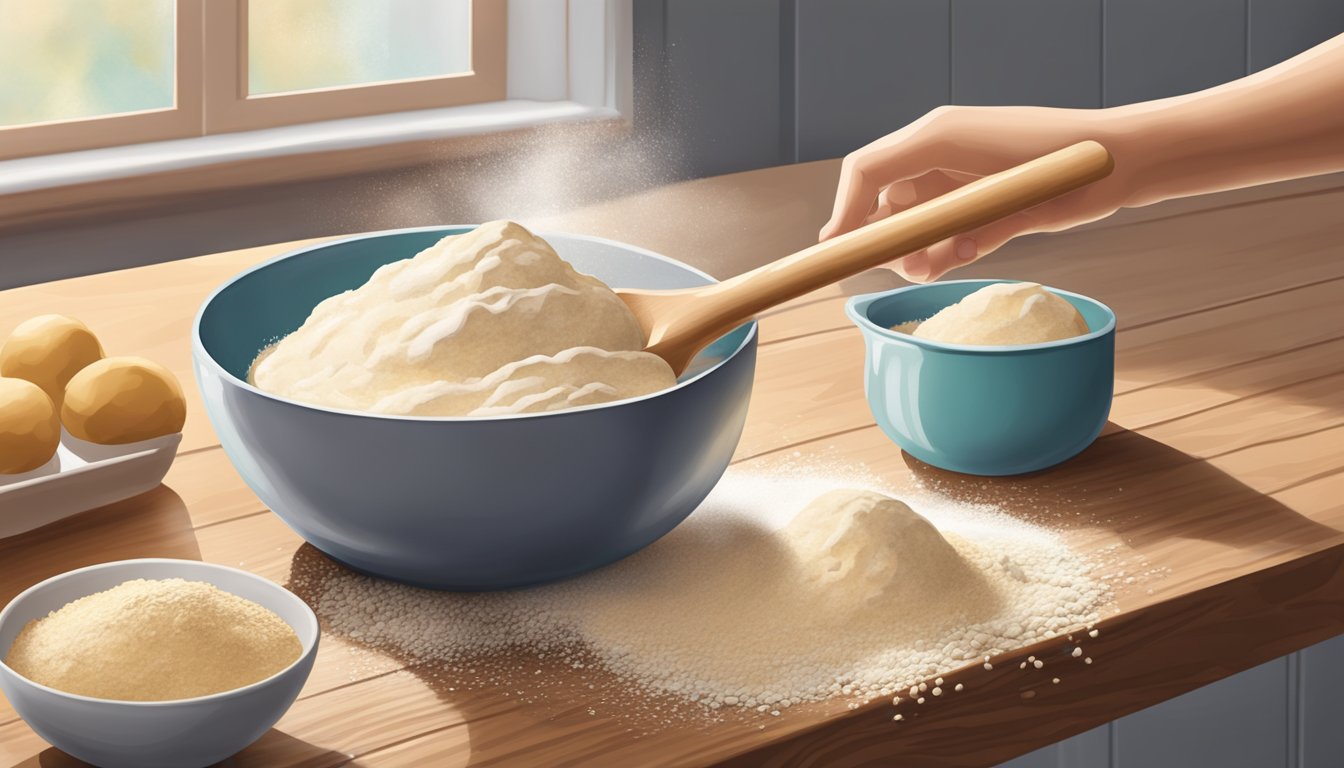 A hand reaching for a measuring cup filled with dough, alongside a rolling pin and a bowl of flour on a wooden countertop