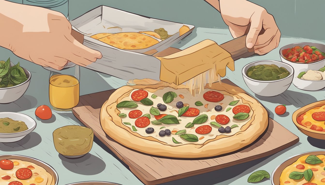 A hand pressing dough onto a floured surface, surrounded by various pizza toppings in small bowls