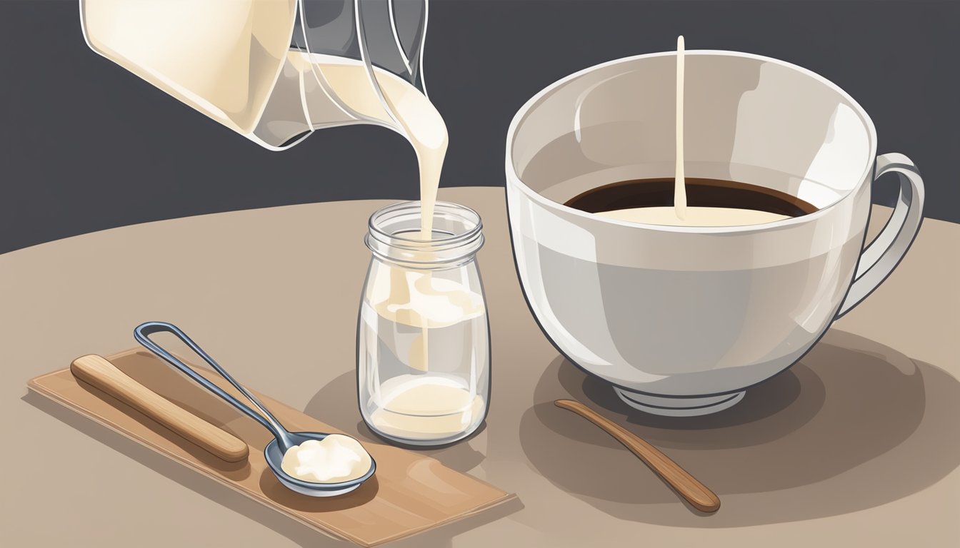 A small bowl of milk being poured into a measuring cup, with a whisk and a bowl of sugar and vanilla extract nearby