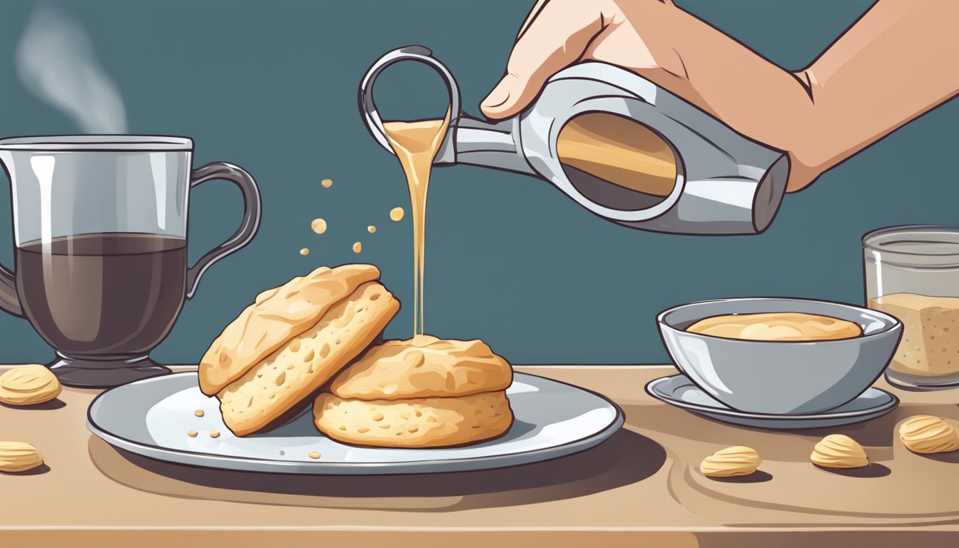 A hand pouring a precise amount of liquid from a measuring cup onto a freshly baked scone