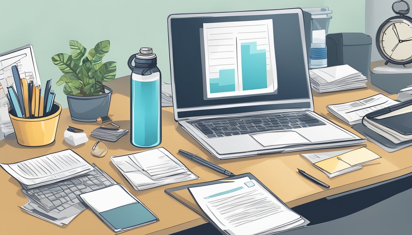 A busy professional's desk with a clock showing 12 hours, a water bottle, and an empty plate surrounded by work documents and a laptop