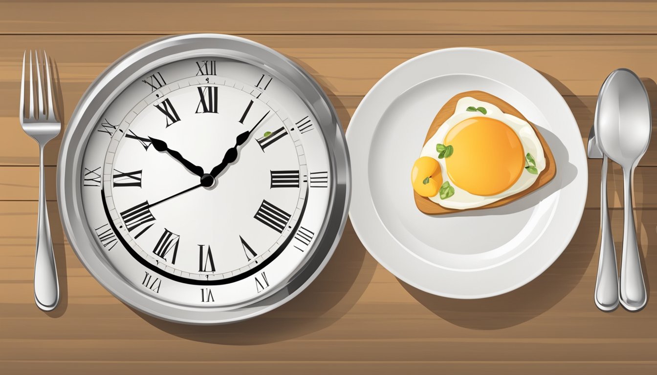 A clock showing the time at dinner, followed by an empty plate and a clock showing breakfast time, symbolizing a 12-hour fast