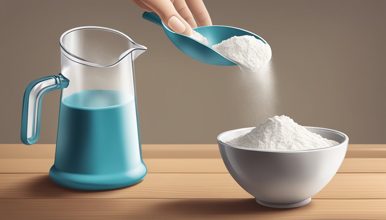 A clear measuring cup pouring liquid into a mixing bowl of flour, with a spoon nearby for stirring