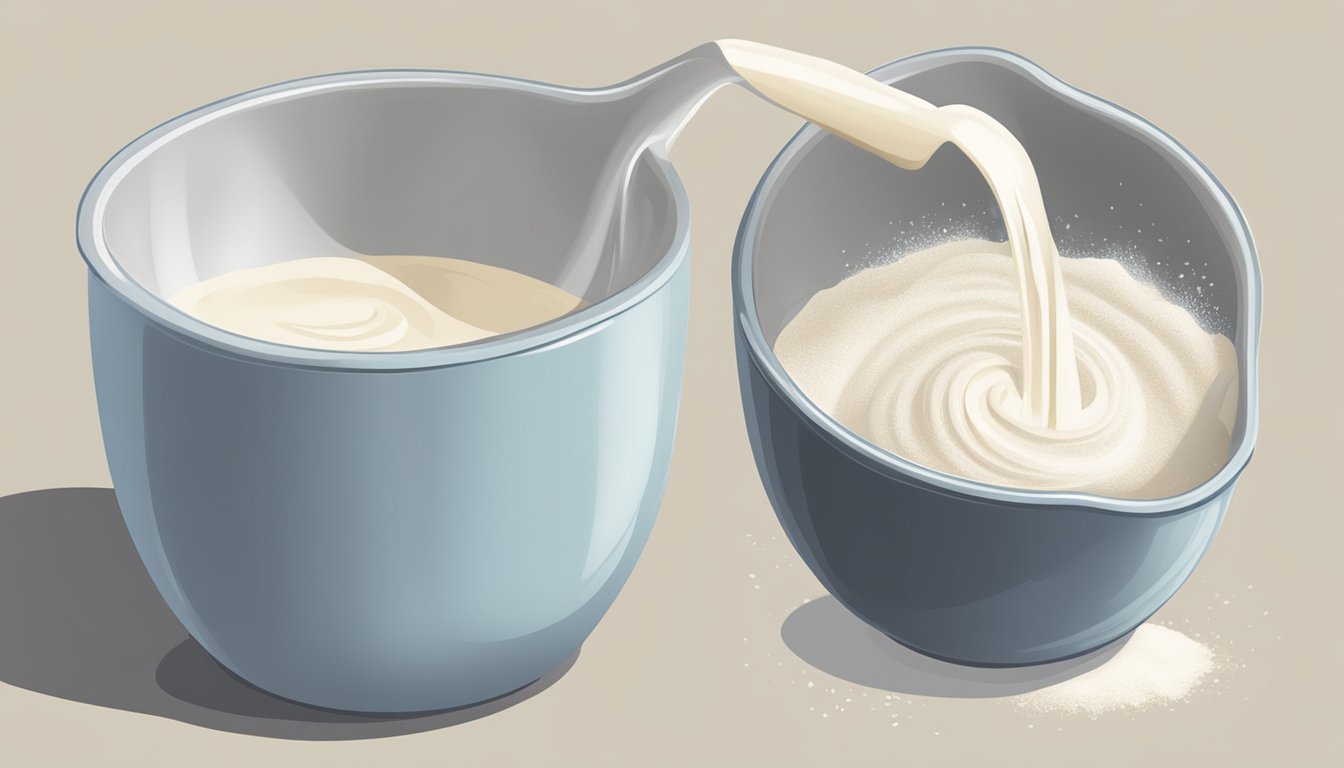 A measuring cup pouring milk into a mixing bowl of flour