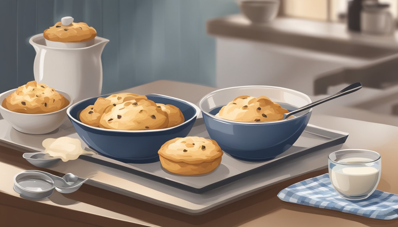 A small bowl with a whisk, next to a measuring cup pouring liquid into it. A tray of freshly baked scones in the background