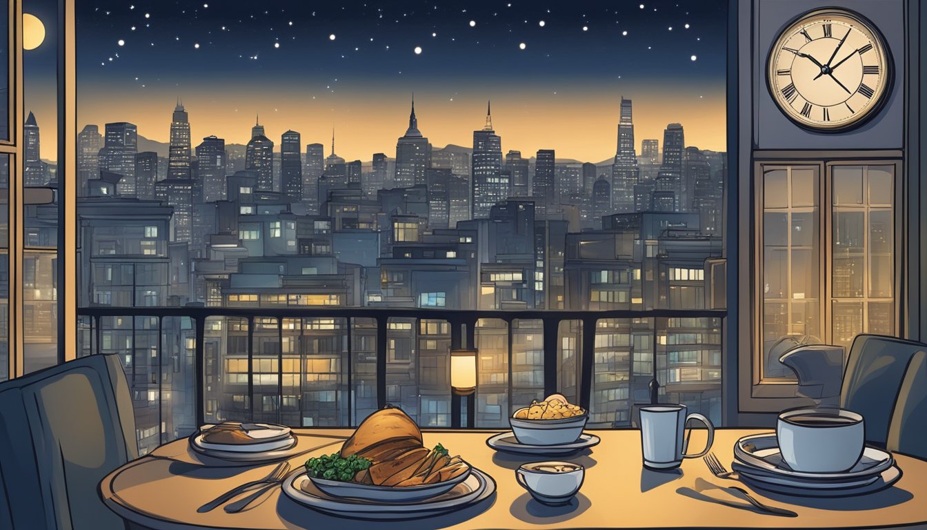 A serene nighttime cityscape with a clock showing the time between dinner and breakfast, surrounded by elements symbolizing mental clarity and focus