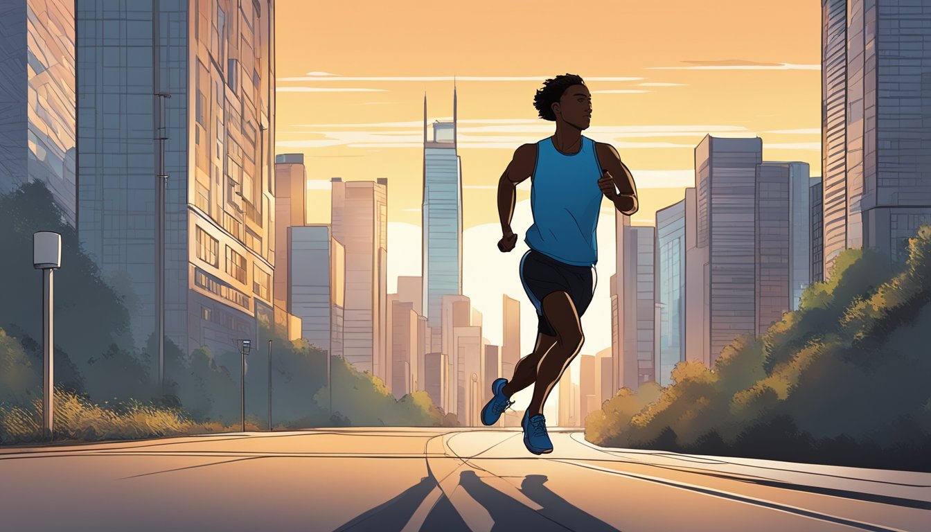 A person running outdoors at sunrise, with a stopwatch showing 6 AM. The city skyline is visible in the background