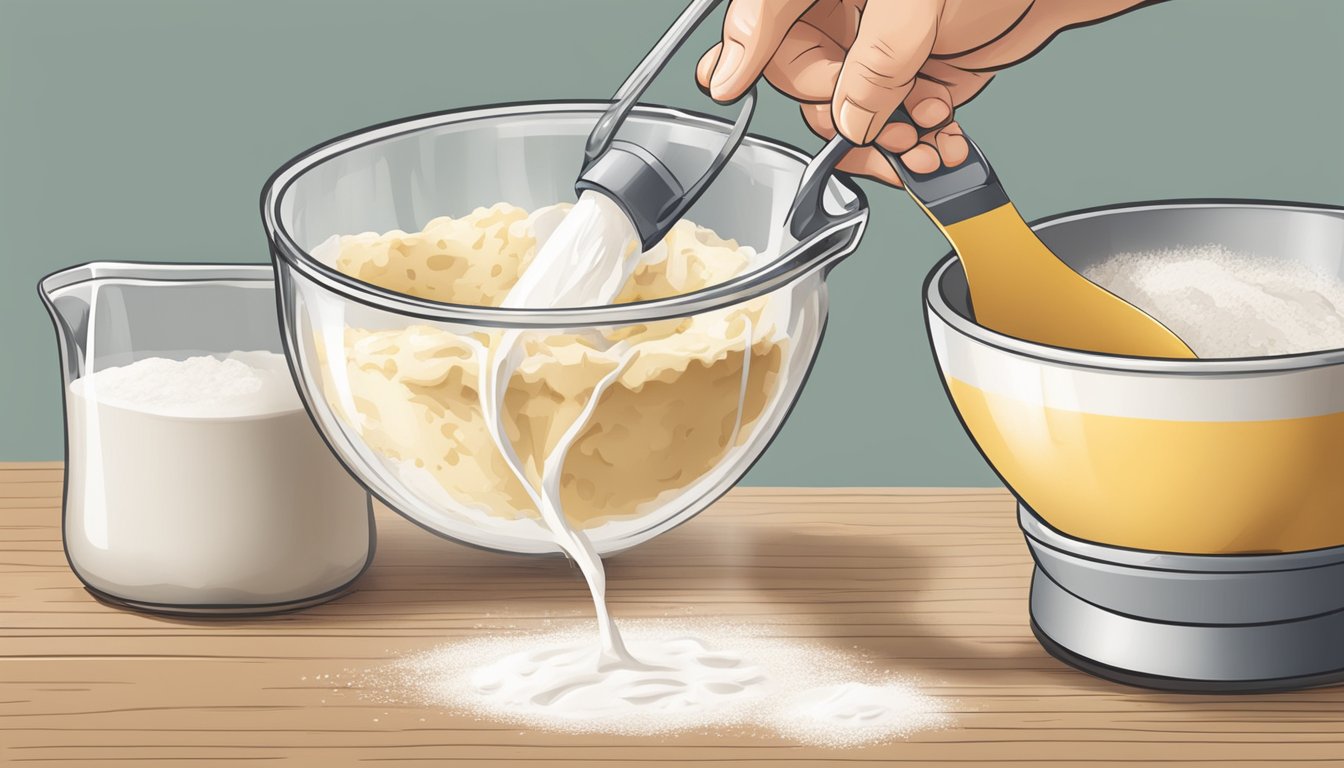 A measuring cup pouring liquid into a mixing bowl of flour, creating the perfect scone dough consistency