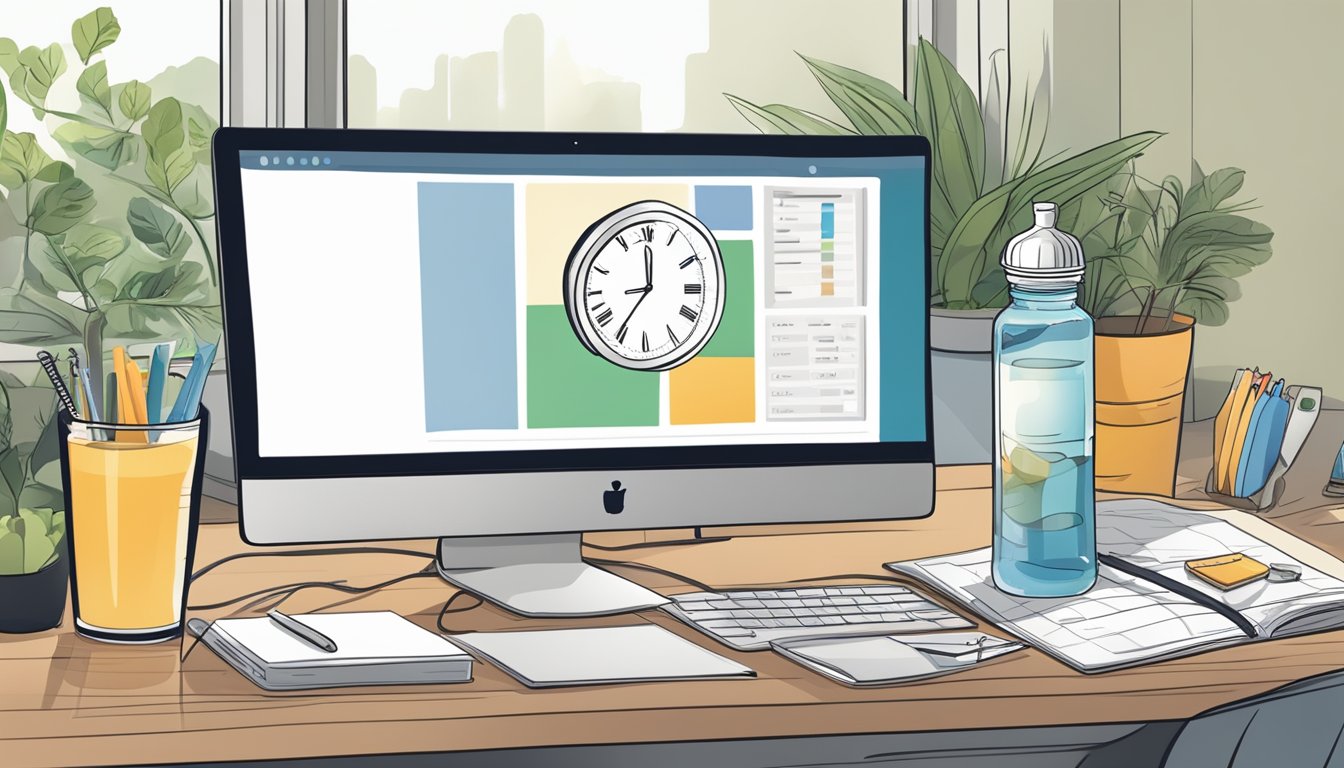 A busy professional's desk with a laptop, water bottle, and healthy snacks. A clock shows the 12-hour fasting window