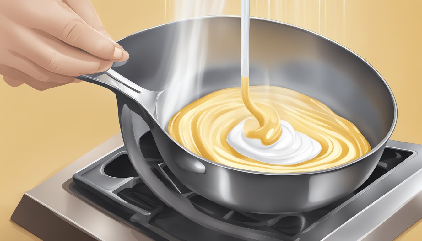 A measuring cup pouring batter onto a hot griddle