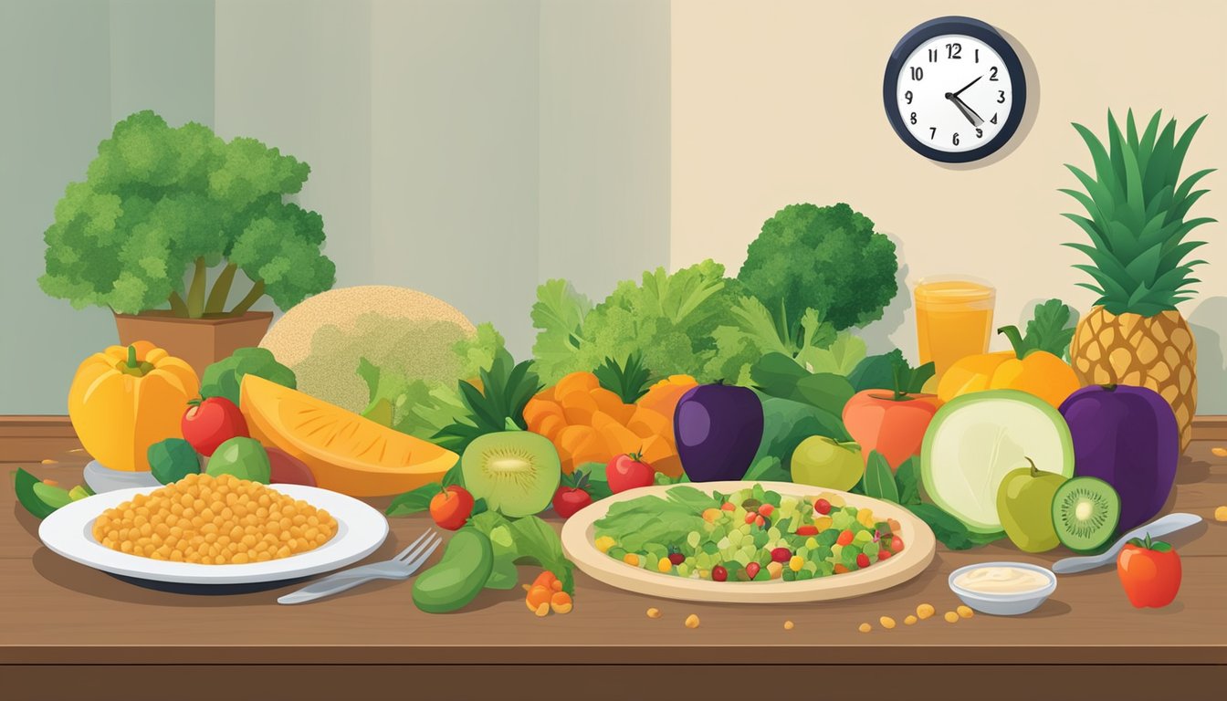 A table set with a colorful array of fruits, vegetables, and whole grains. A clock on the wall shows the transition from dinner to breakfast