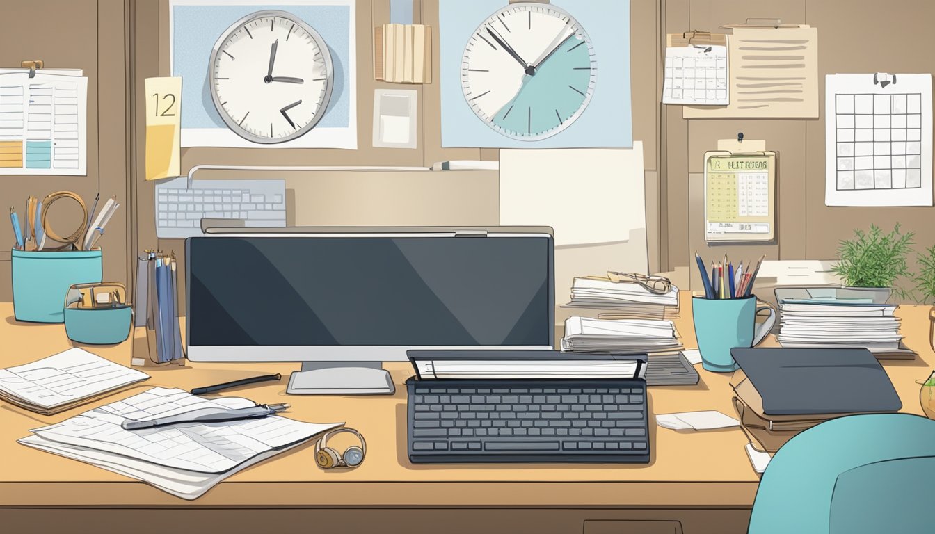 A busy professional's desk cluttered with work, a calendar filled with social and family obligations, and a clock showing the 12-hour fasting period