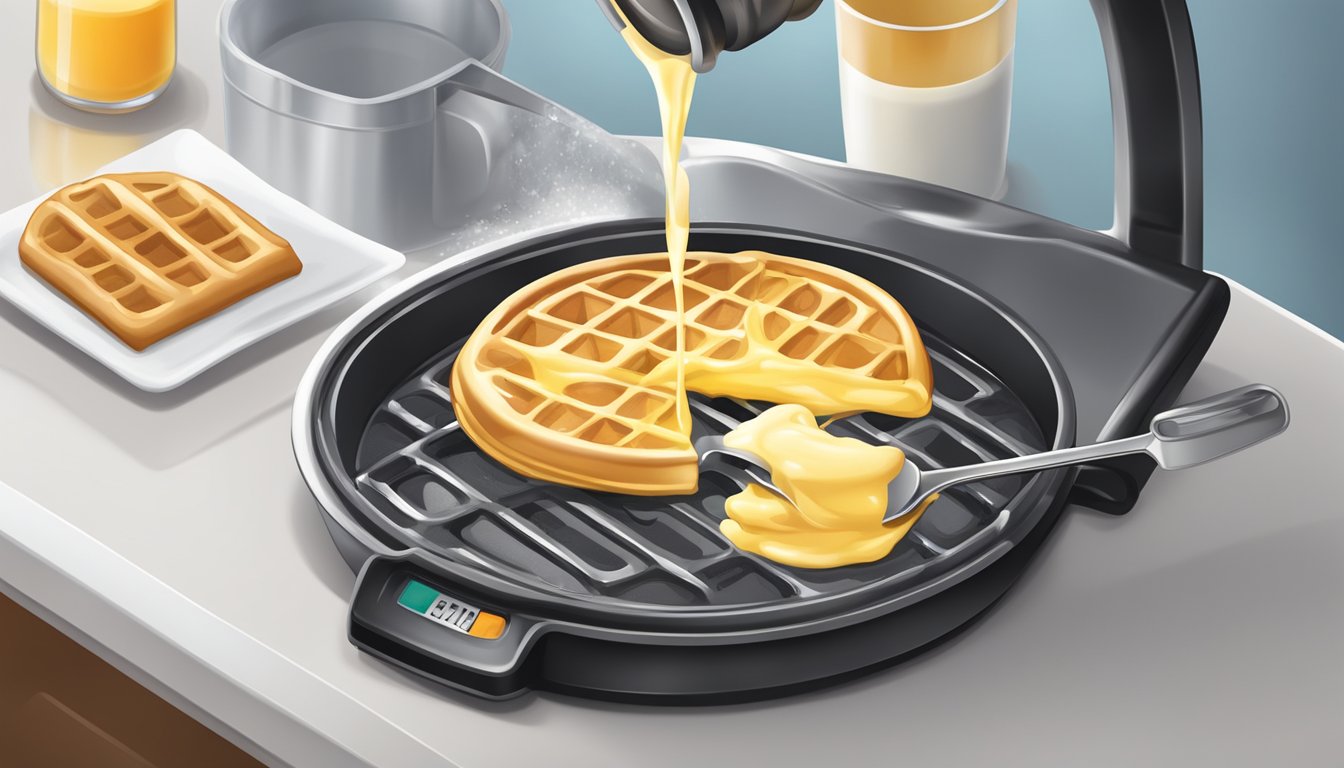 A measuring cup pouring batter onto a hot griddle or waffle iron