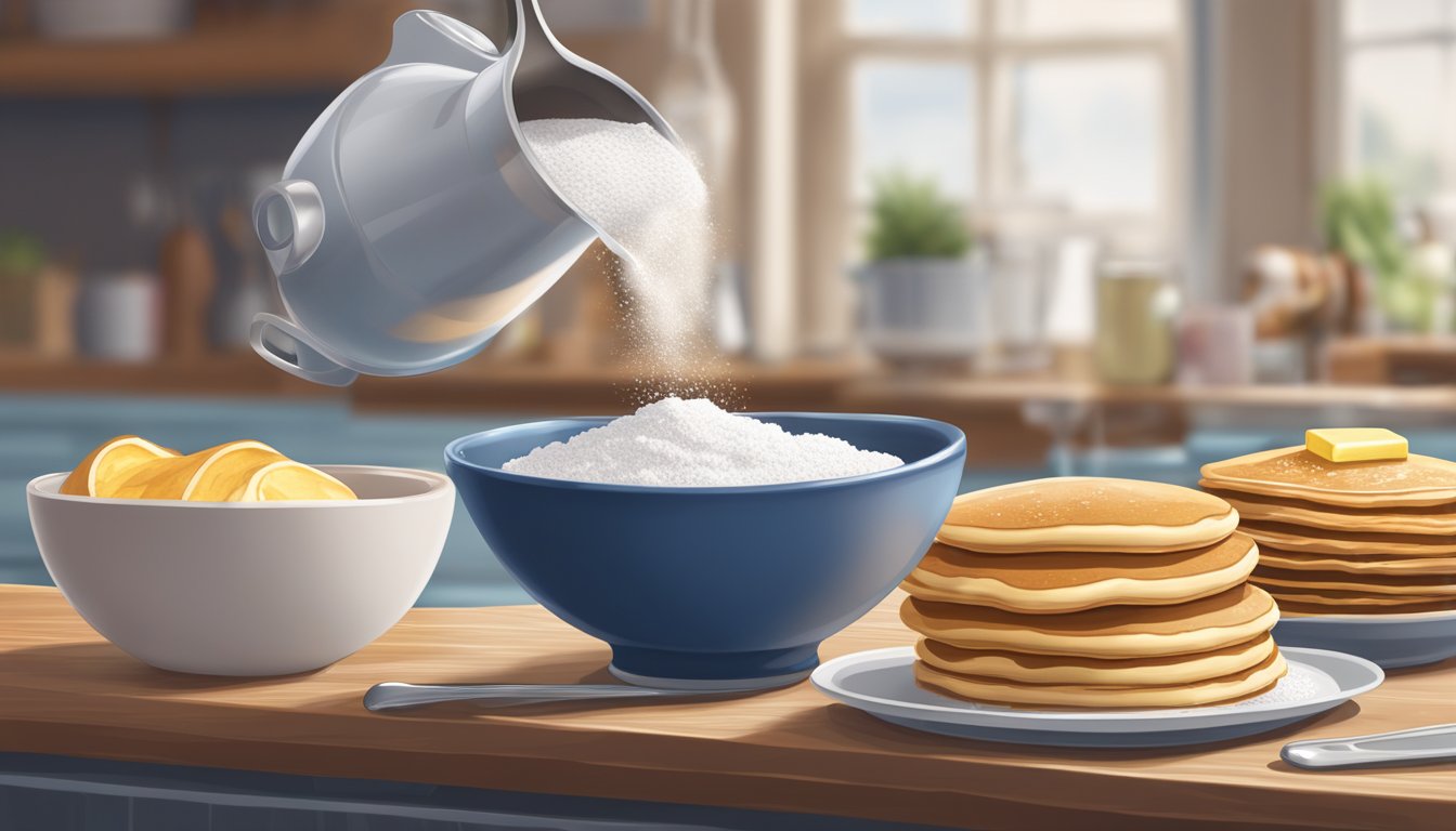 A measuring cup pouring liquid into a bowl of powdered sugar, with a whisk nearby and pancakes in the background