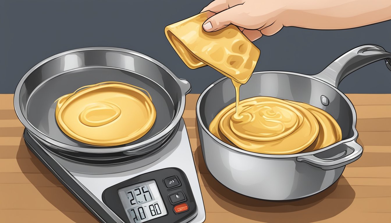 A hand pouring batter from a measuring cup into a hot skillet or waffle iron