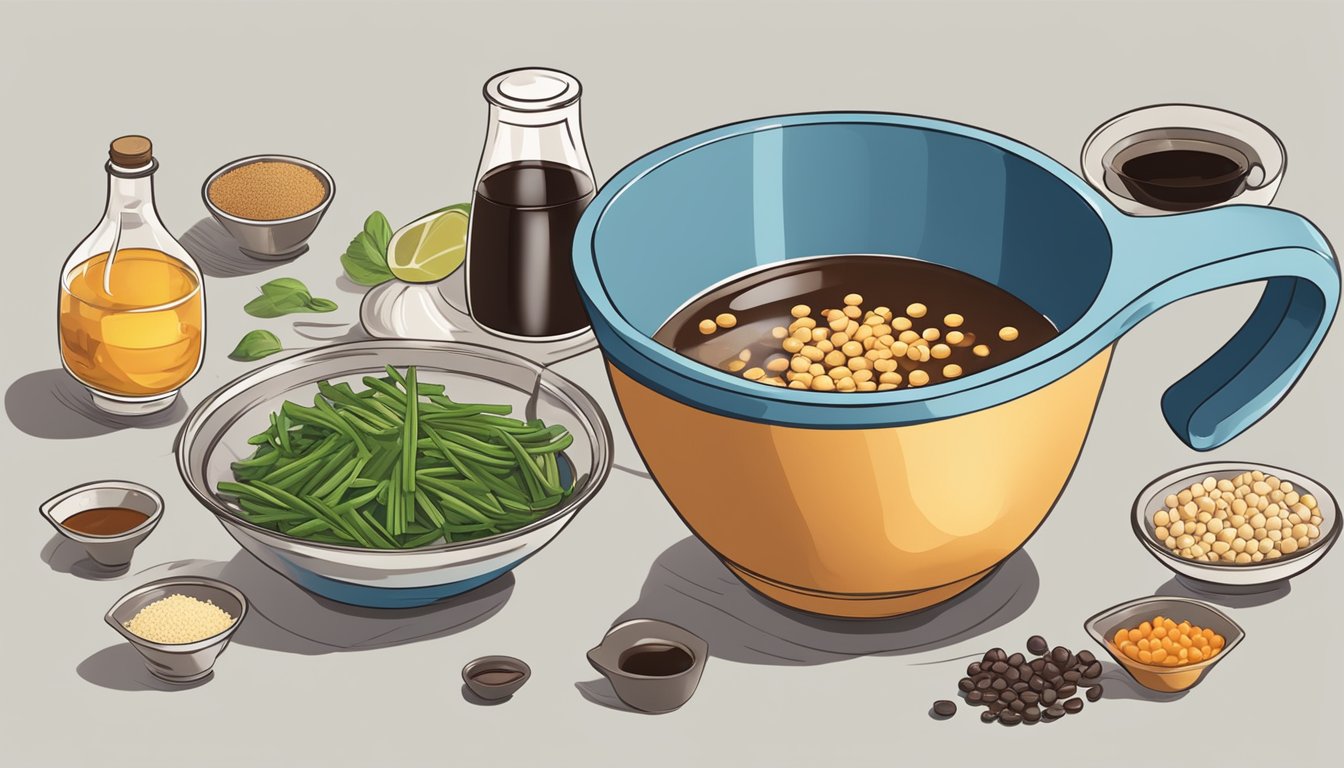 A measuring cup pouring soy sauce into a mixing bowl with other ingredients for a stir-fry sauce