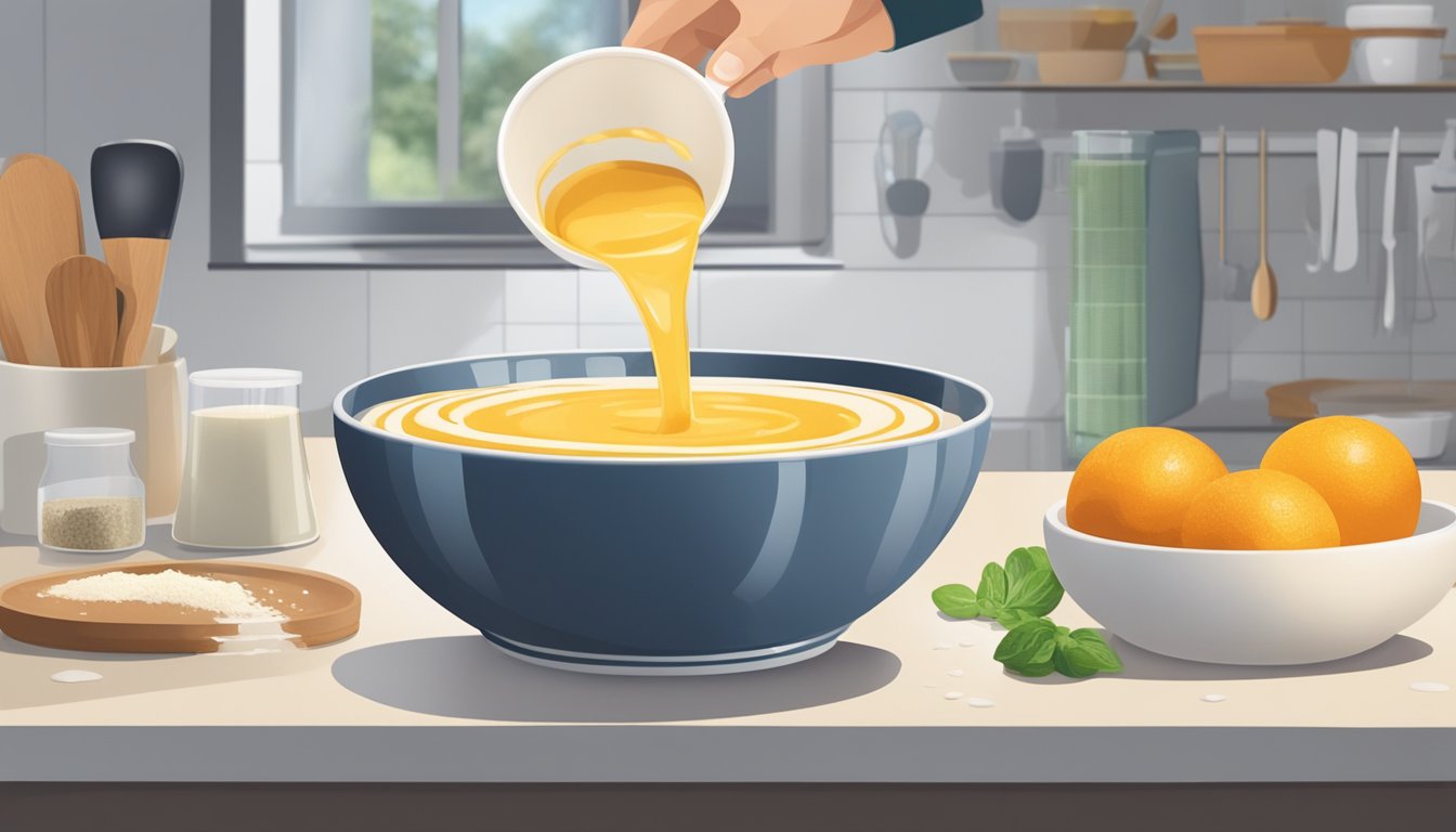 A small bowl of glaze being poured from a measuring cup into a larger mixing bowl. Ingredients and measuring utensils are neatly arranged on a clean kitchen counter