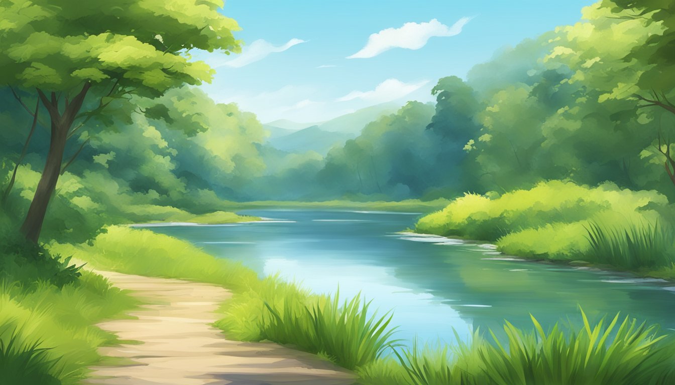 Et fredelig landskap med en rolig elv, frodig grøntområde og en klar blå himmel