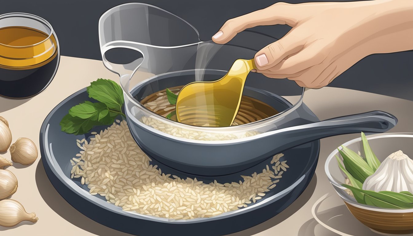 A hand pouring soy sauce and rice vinegar into a measuring cup, with a bowl of garlic and ginger nearby